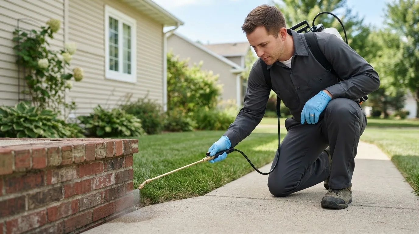 Pest control technician treating a home near Waverly, VA